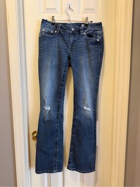 Miss Me Medium Blue Flared Jeans with Knee Distressing